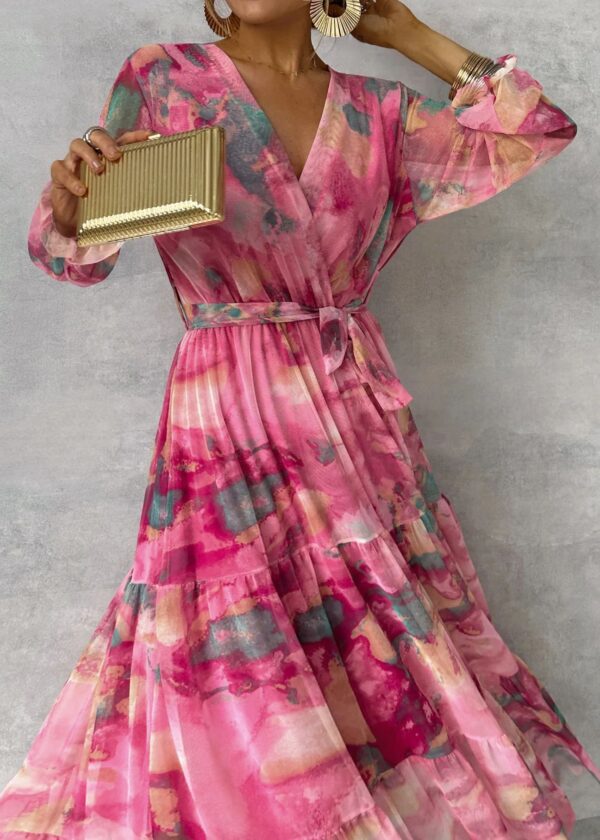 Long-sleeved Floral Print Dress Elegant V-neck Pleated High-waisted Big