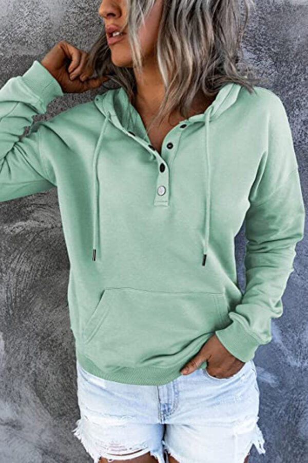 Long-sleeved Hooded Sweatshirt with Pockets Fashion Casual Button