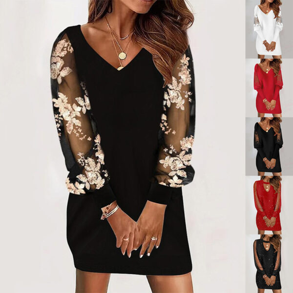 Long-sleeved V-neck Dress Spring and Autumn Lace Splicing Long-sleeved V-neck Dress Spring and Autumn Lace Splicing