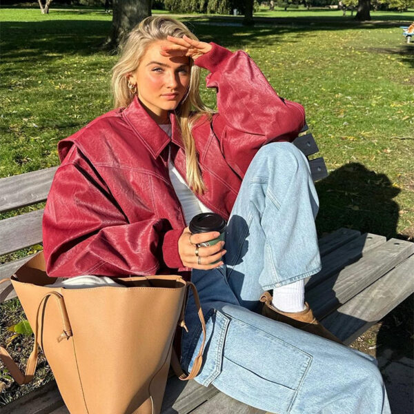 Loose Fashion Lapel Zip-up Jacket Cool Long Sleeve Zipper Closure Moto Loose Fashion Lapel Zip-up Jacket Cool Long Sleeve Zipper Closure Moto