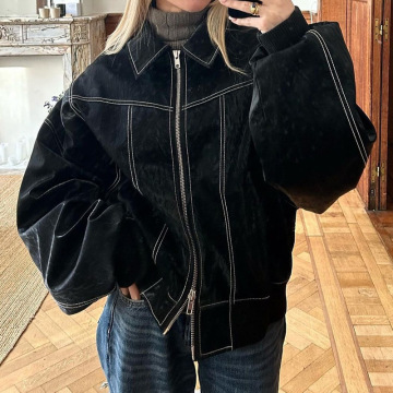 Loose Fashion Lapel Zip-up Jacket Cool Long Sleeve Zipper Closure Moto Loose Fashion Lapel Zip-up Jacket Cool Long Sleeve Zipper Closure Moto