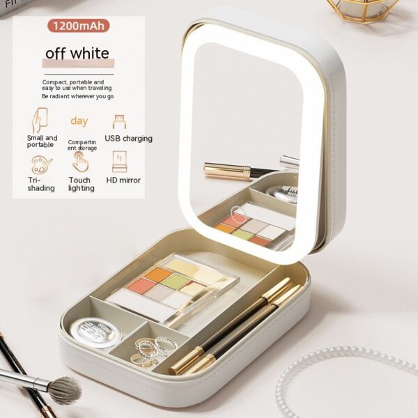 Makeup Storage Box with LED Light Mirror Portable Travel Cosmetics