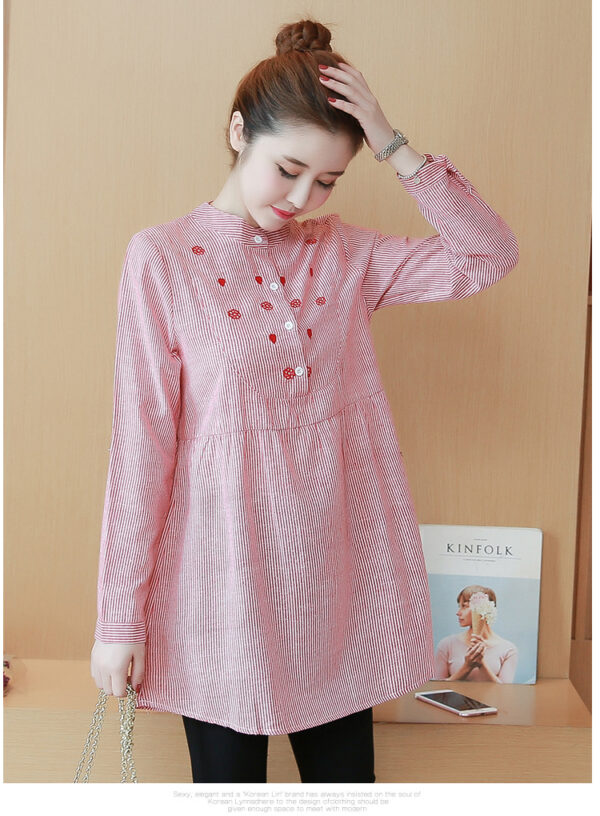 Maternity Dress Stand-up Collar Striped Embroidery Top