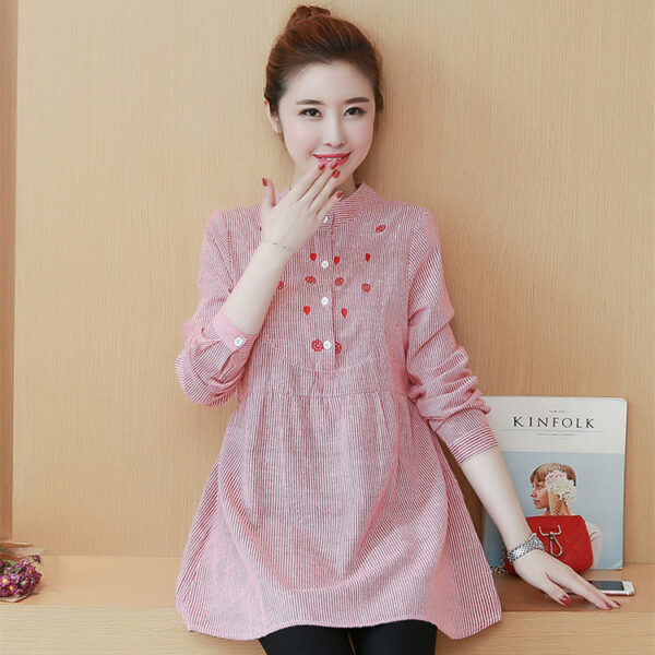 Maternity Dress Stand-up Collar Striped Embroidery Top