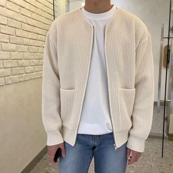 Men Zip Up Knitted Cardigan Lined Funnel Neck Jumper Sweater Pockets