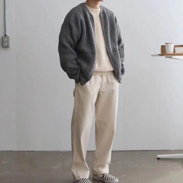 Men Zip Up Knitted Cardigan Lined Funnel Neck Jumper Sweater Pockets