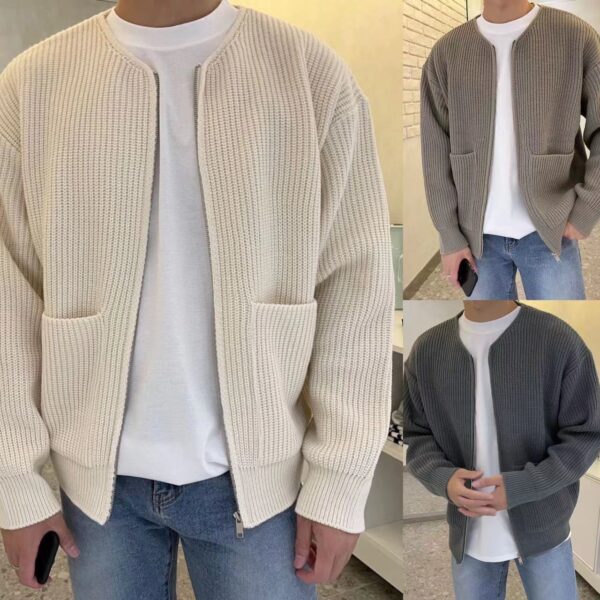 Men Zip Up Knitted Cardigan Lined Funnel Neck Jumper Sweater Pockets