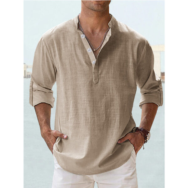 Men's Casual Blouse Cotton Linen Shirt Loose Tops Long Sleeve Tee