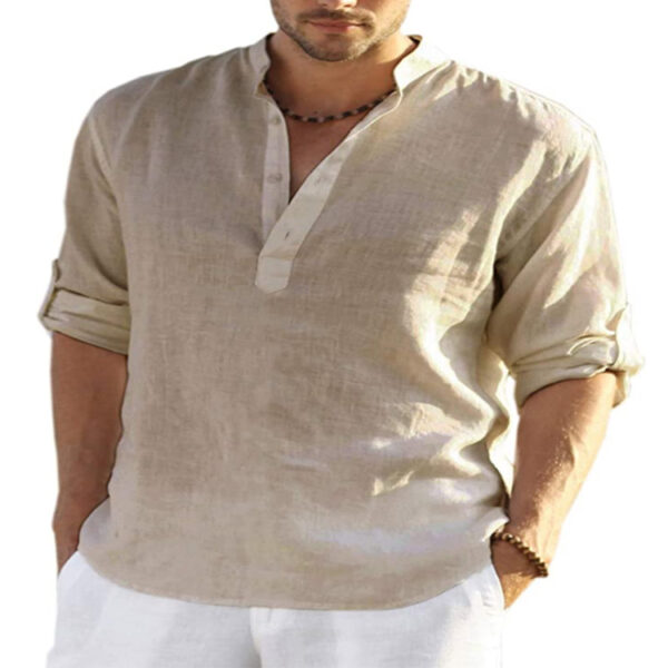 Men's Casual Cotton Linen Solid Color Long Sleeve Shirt Loose Stand Men's Casual Cotton Linen Solid Color Long Sleeve Shirt Loose Stand