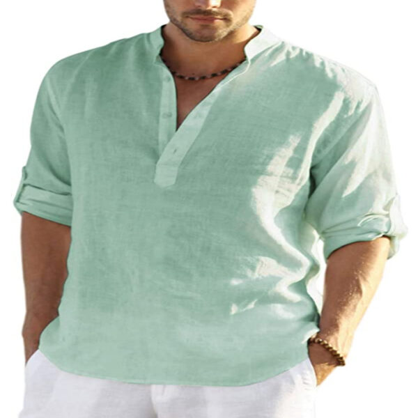 Men's Casual Cotton Linen Solid Color Long Sleeve Shirt Loose Stand Men's Casual Cotton Linen Solid Color Long Sleeve Shirt Loose Stand