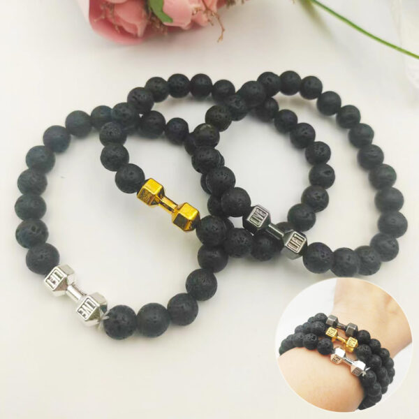 Men's Jewelry Alloy Metal Barbell & Lava Rock Stone Beads Fitness