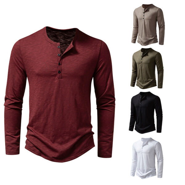 Men's Long-sleeved T-shirt Fashion Casual Solid Color Pullover Button
