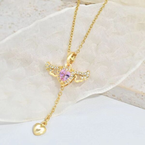 Moving Cupid Heart Angel Wings Tassel Necklace with Crystal Clavicle