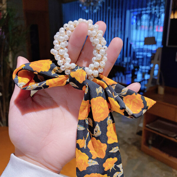 Pearl Hair Tie Broken Flower Bow Ribbon Rubber Band Strap Female