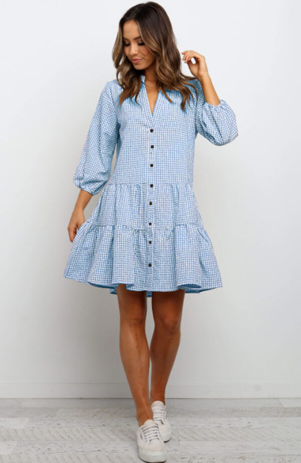Plaid Printed Ruffle Dress V Neck Button Three-quarter Sleeves Dresses