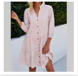 Plaid Printed Ruffle Dress V Neck Button Three-quarter Sleeves Dresses Plaid Printed Ruffle Dress V Neck Button Three-quarter Sleeves Dresses