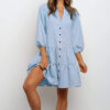 Plaid Printed Ruffle Dress V Neck Button Three-quarter Sleeves Dresses Plaid Printed Ruffle Dress V Neck Button Three-quarter Sleeves Dresses