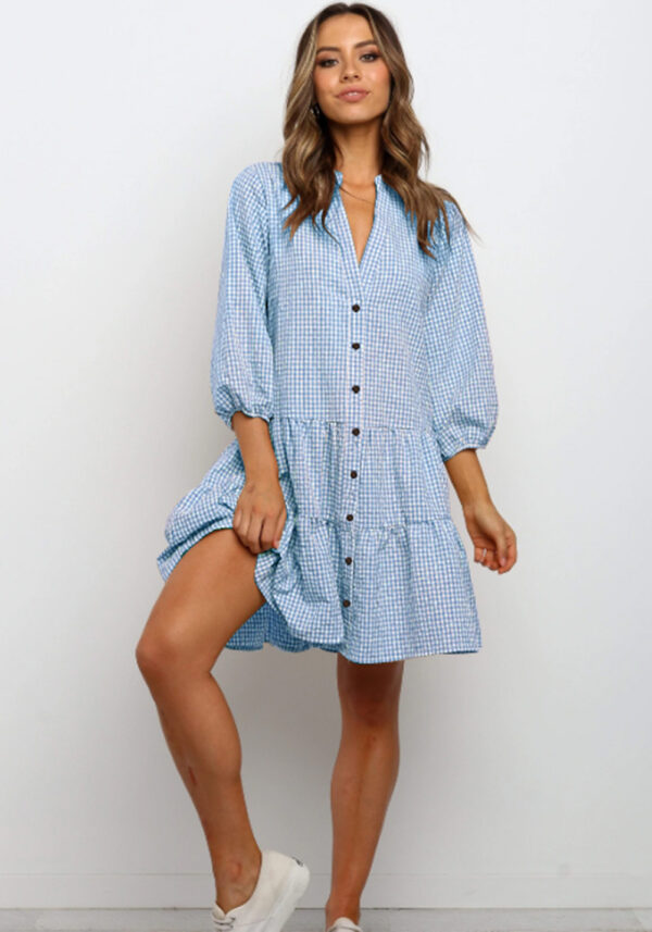 Plaid Printed Ruffle Dress V Neck Button Three-quarter Sleeves Dresses Plaid Printed Ruffle Dress V Neck Button Three-quarter Sleeves Dresses