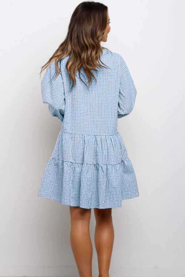 Plaid Printed Ruffle Dress V Neck Button Three-quarter Sleeves Dresses Plaid Printed Ruffle Dress V Neck Button Three-quarter Sleeves Dresses