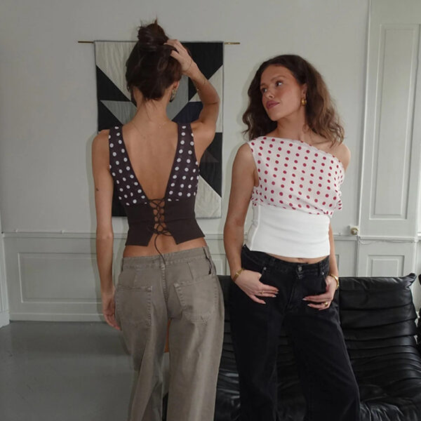 Polka Dots Print Oblique Shoulder Tops Summer Patchwork Chiffon Crop