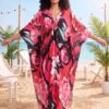 Red Floral Kaftan Beach Outerwear Long Bathing Suit Cover Up Maxi Dress