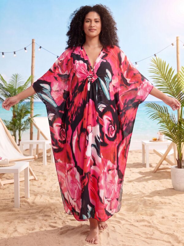 Red Floral Kaftan Beach Outerwear Long Bathing Suit Cover Up Maxi Dress