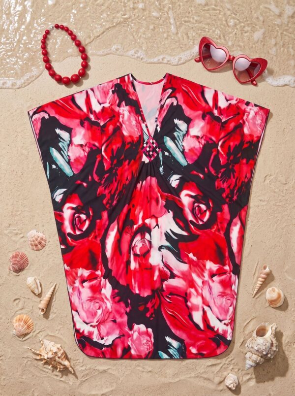 Red Floral Kaftan Beach Outerwear Long Bathing Suit Cover Up Maxi Dress
