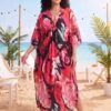 Red Floral Kaftan Beach Outerwear Long Bathing Suit Cover Up Maxi Dress