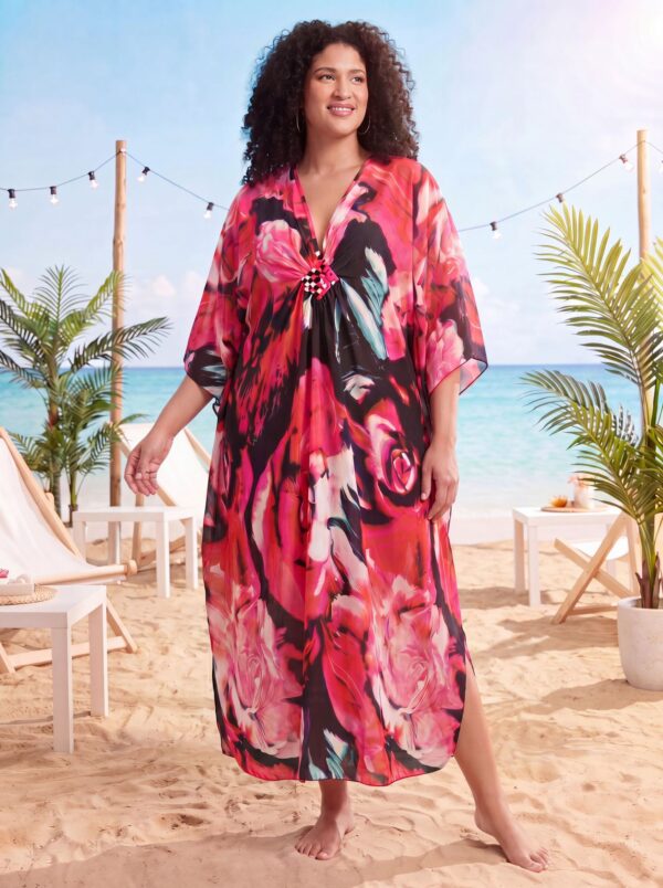 Red Floral Kaftan Beach Outerwear Long Bathing Suit Cover Up Maxi Dress