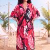 Red Floral Kaftan Beach Outerwear Long Bathing Suit Cover Up Maxi Dress