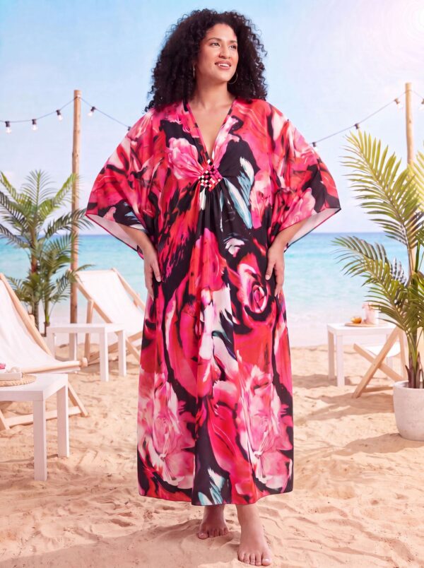 Red Floral Kaftan Beach Outerwear Long Bathing Suit Cover Up Maxi Dress