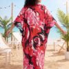 Red Floral Kaftan Beach Outerwear Long Bathing Suit Cover Up Maxi Dress