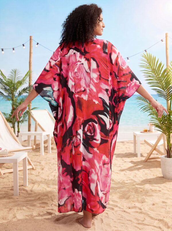 Red Floral Kaftan Beach Outerwear Long Bathing Suit Cover Up Maxi Dress