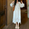 Retro Ethnic Travel Holiday Embroidered Long Dress Hollow White Linen Retro Ethnic Travel Holiday Embroidered Long Dress Hollow White Linen