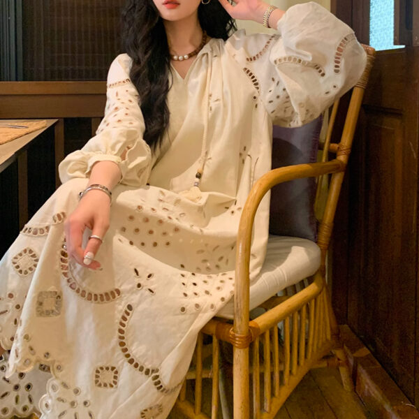 Retro Ethnic Travel Holiday Embroidered Long Dress Hollow White Linen
