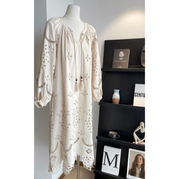 Retro Ethnic Travel Holiday Embroidered Long Dress Hollow White Linen Retro Ethnic Travel Holiday Embroidered Long Dress Hollow White Linen