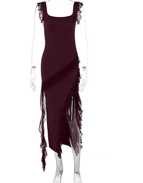 Ruffle Thigh High Split Dress Women Sexy Spaghetti Strap Square Neck Ruffle Thigh High Split Dress Women Sexy Spaghetti Strap Square Neck