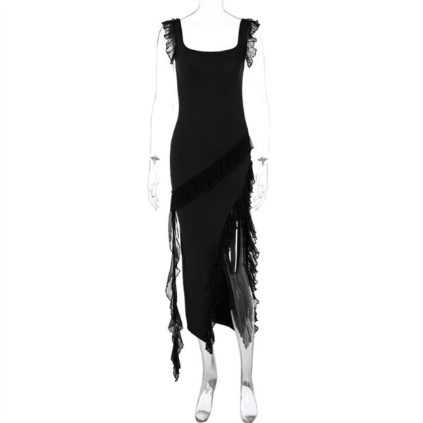 Ruffle Thigh High Split Dress Women Sexy Spaghetti Strap Square Neck Ruffle Thigh High Split Dress Women Sexy Spaghetti Strap Square Neck
