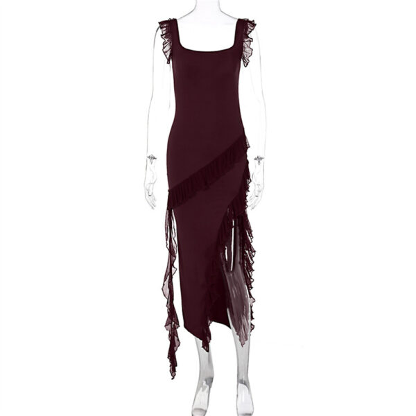 Ruffle Thigh High Split Dress Women Sexy Spaghetti Strap Square Neck