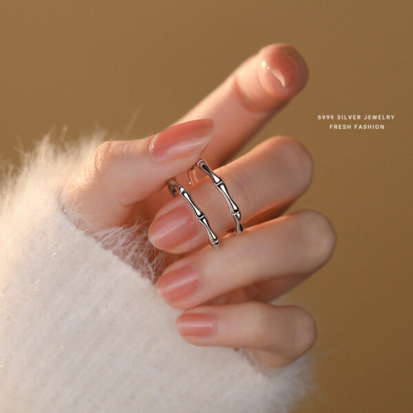 S999 Sterling Silver Bamboo Couple Rings 2-Piece Set Minimalist Niche