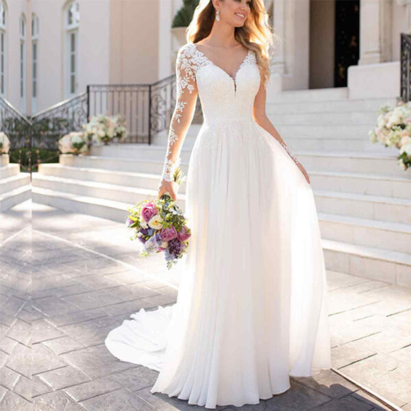 Sexy Backless Deep V-neck Wedding Dress Women White Evening