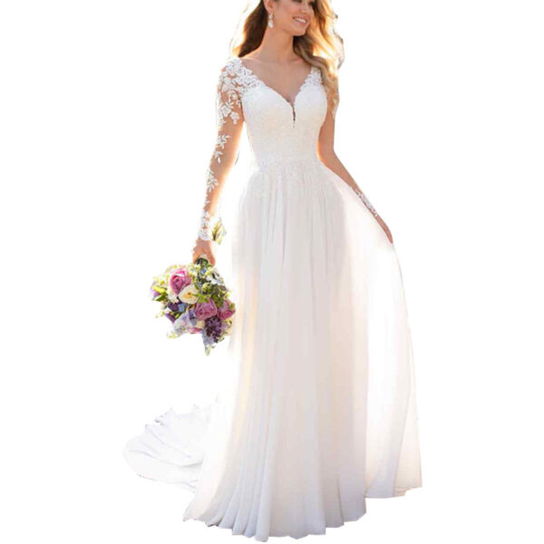 Sexy Backless Deep V-neck Wedding Dress Women White Evening
