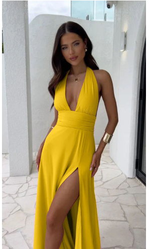 Sexy Halterneck V-neck Slit Dress Summer Backless Strappy Skirt Fashion