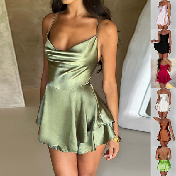 Sexy Suspender Skirt for Women Elegant Slim Strap Satin Backless Lace Sexy Suspender Skirt for Women Elegant Slim Strap Satin Backless Lace