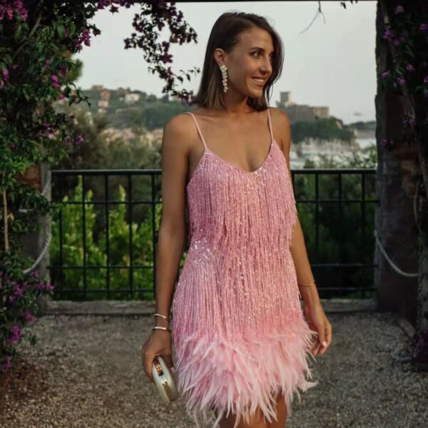 Sexy Tassel Sequins Feather Summer Mini Dress Women V Neck Spaghetti