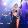 Shiny Rhinestone Tube Top High Slit Skirt Bandage Suit