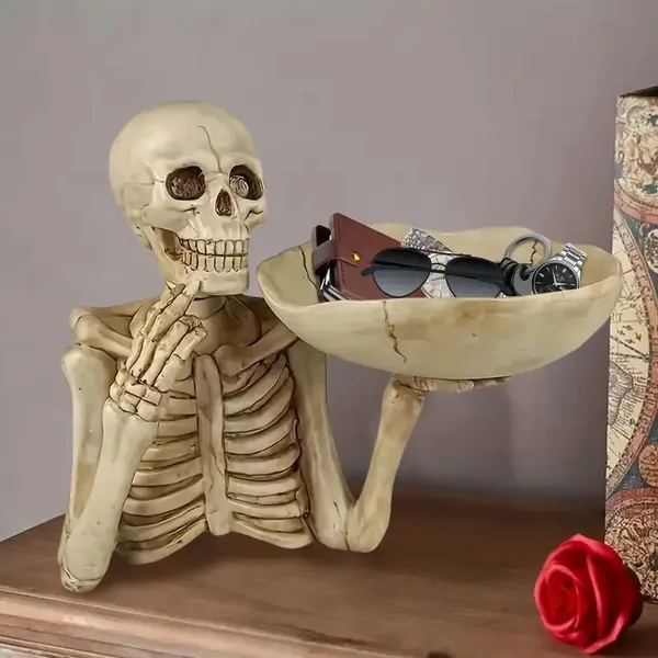 Skull Tray Ornament with Bowl Unique Skeleton Design for Indoor