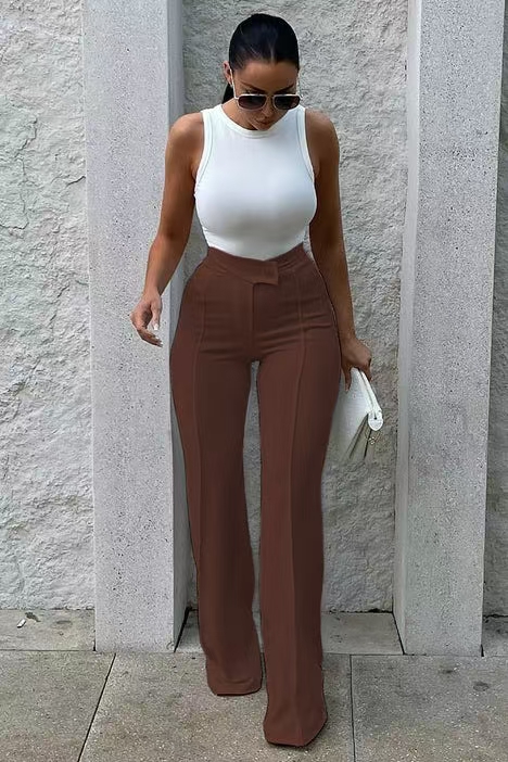 Slim Straight-leg Pants with Buckle Fashion Solid Color Trousers Slim Straight-leg Pants with Buckle Fashion Solid Color Trousers
