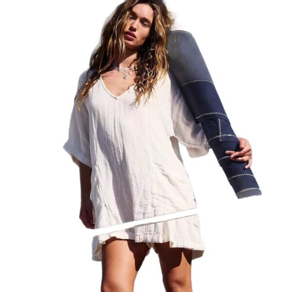 Slub Cotton Ruffled V-neck Pocket Beach Sun Protection Blouse for Women Slub Cotton Ruffled V-neck Pocket Beach Sun Protection Blouse for Women