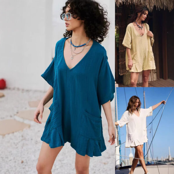 Slub Cotton Ruffled V-neck Pocket Beach Sun Protection Blouse for Women